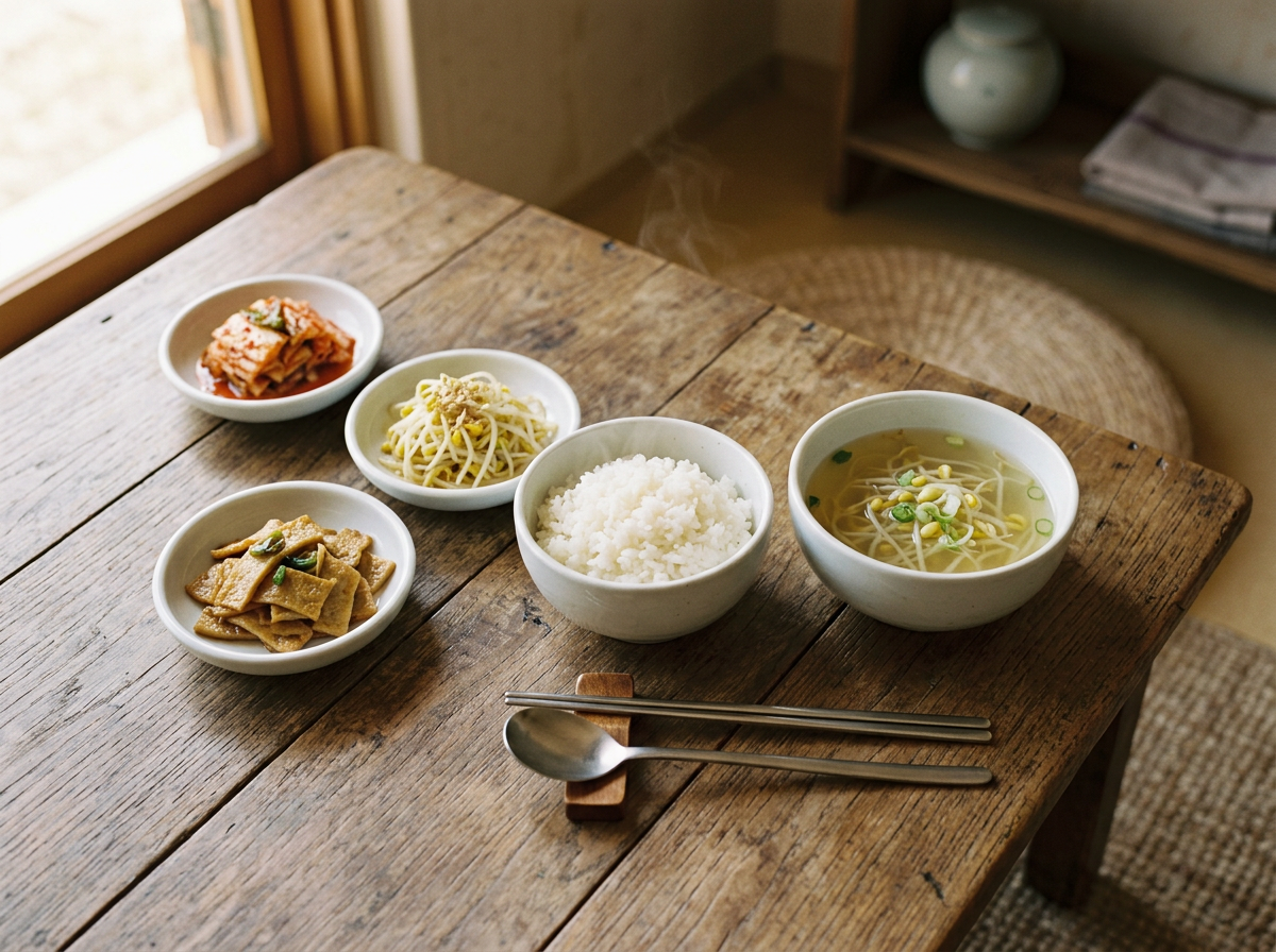 따뜻한 밥과 국이 차려진 소박한 밥상